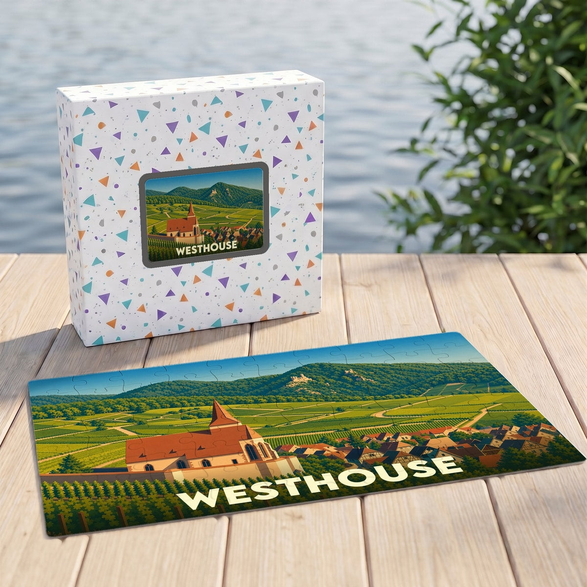 Puzzle souvenir de la ville de Westhouse avec une illustration stylisée de son paysage et de ses vignobles.