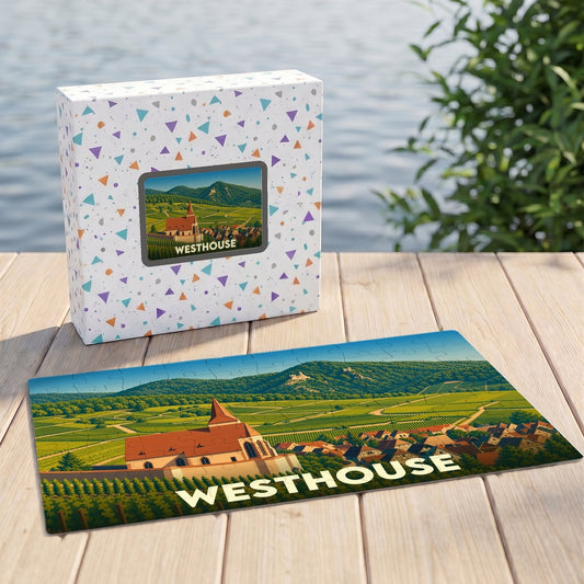 Puzzle souvenir de la ville de Westhouse avec une illustration stylisée de son paysage et de ses vignobles.