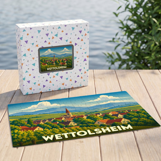 Puzzle souvenir de la ville de Wettolsheim présentant une illustration stylisée d'un paysage alsacien.