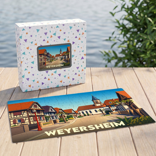 Puzzle souvenir de la ville de Weyersheim avec une illustration stylisée.