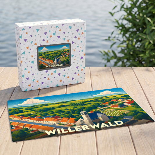 Puzzle souvenir de la ville de Willerwald avec une illustration stylisée et colorée du village.