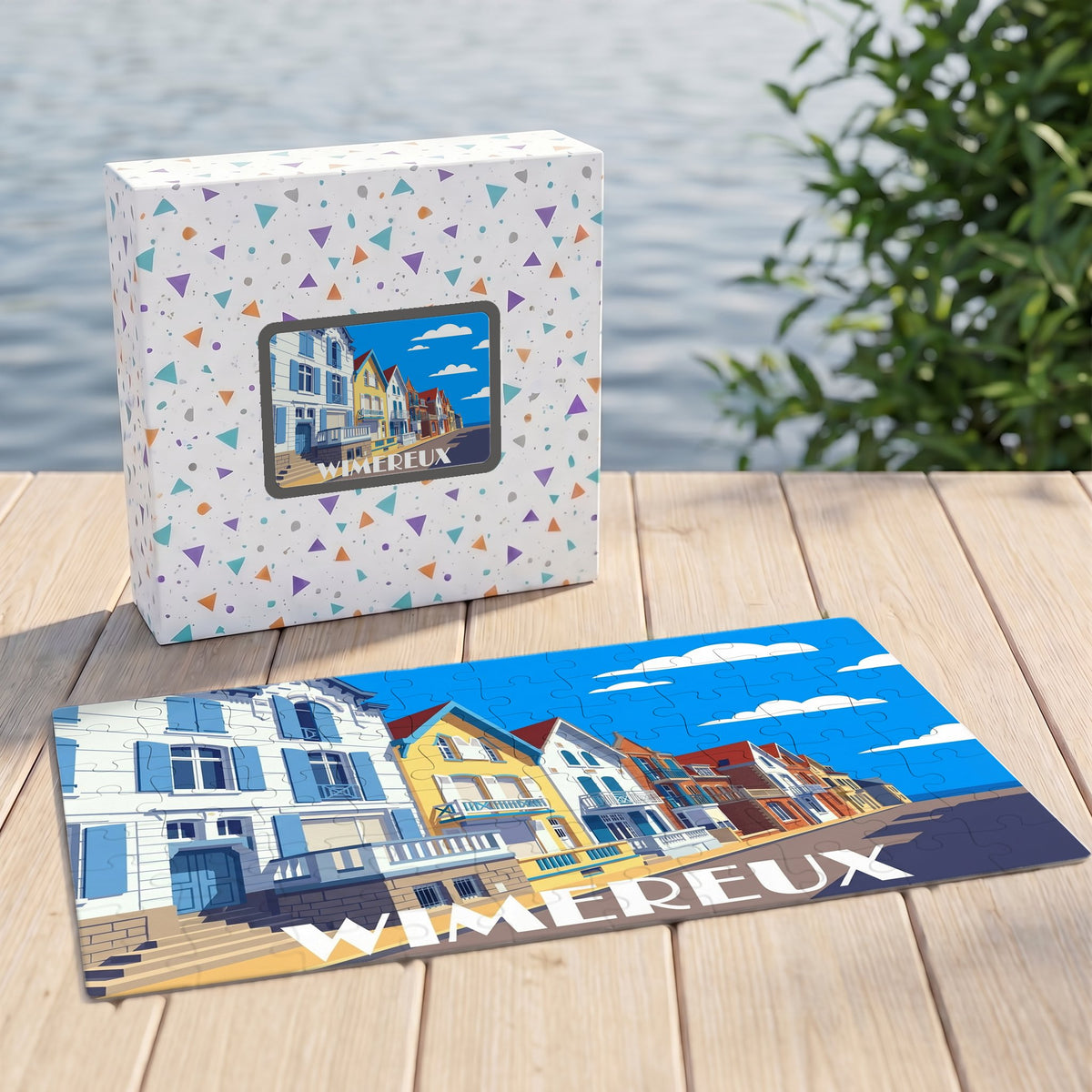 Puzzle souvenir de la ville de Wimereux avec une illustration stylisée de maisons colorées en bord de mer.