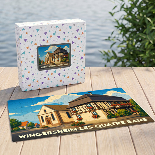 Puzzle souvenir de la ville de Wingersheim les Quatre Bans représentant une illustration stylisée de son architecture typique.