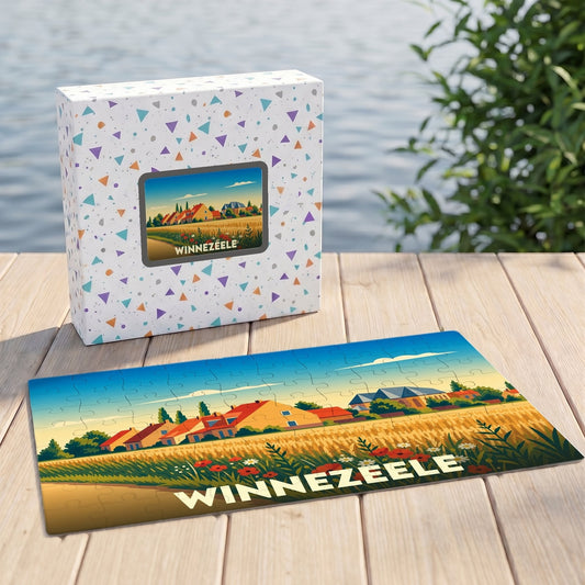 Puzzle souvenir de la ville de Winnezeele avec une illustration stylisée de paysages ruraux.