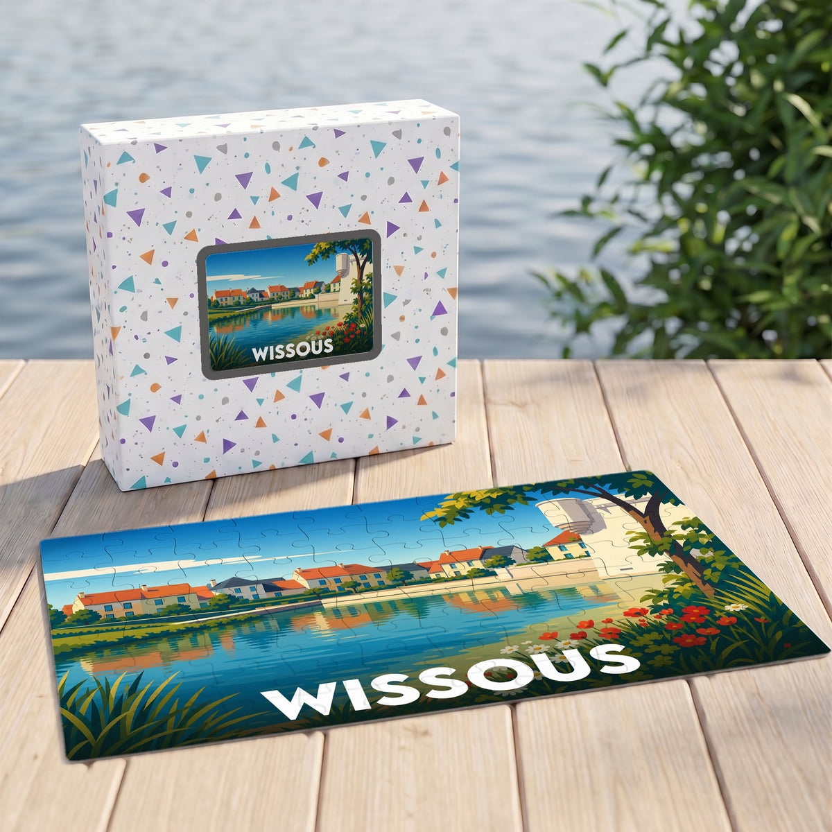 Puzzle souvenir de la ville de Wissous avec une illustration stylisée d'un paysage urbain au bord de l'eau.