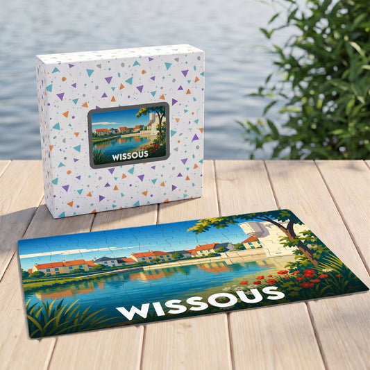 Puzzle souvenir de la ville de Wissous avec une illustration stylisée d'un paysage urbain au bord de l'eau.
