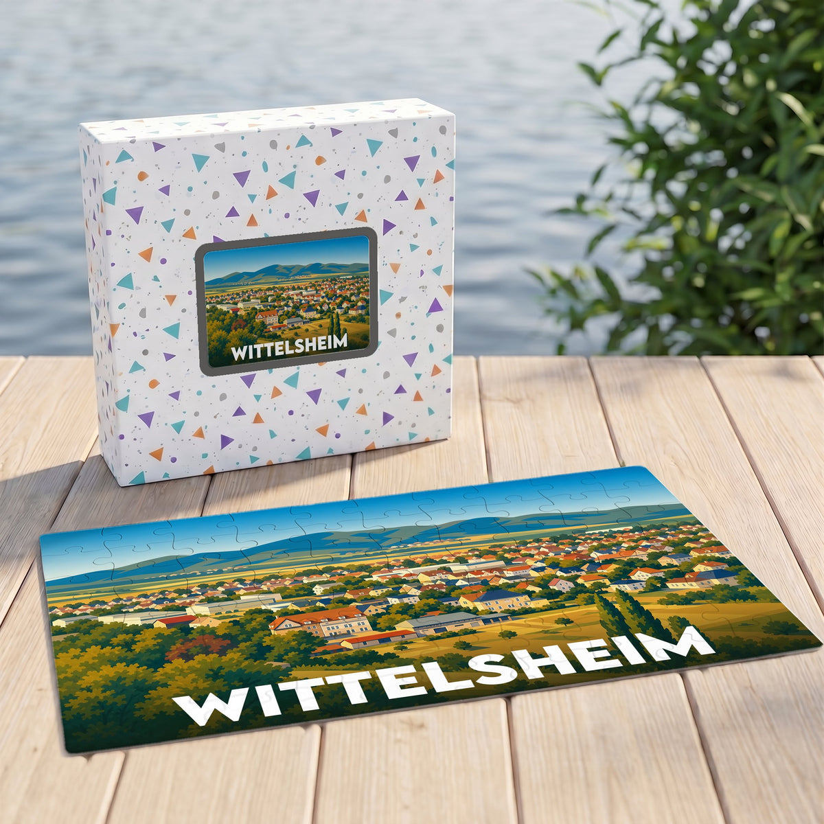 Puzzle souvenir de la ville de Wittelsheim représentant une vue panoramique illustrée de la commune.