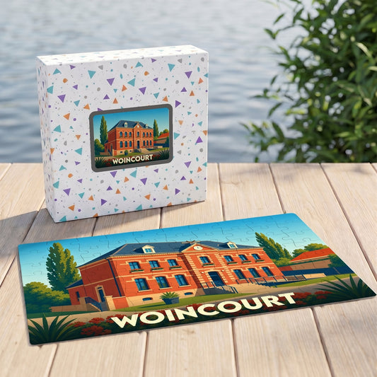 Puzzle souvenir de la ville de Woincourt avec une illustration stylisée de sa mairie.
