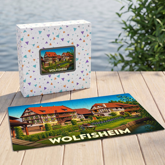 Puzzle souvenir de la ville de Wolfisheim avec une illustration de maisons à colombages.