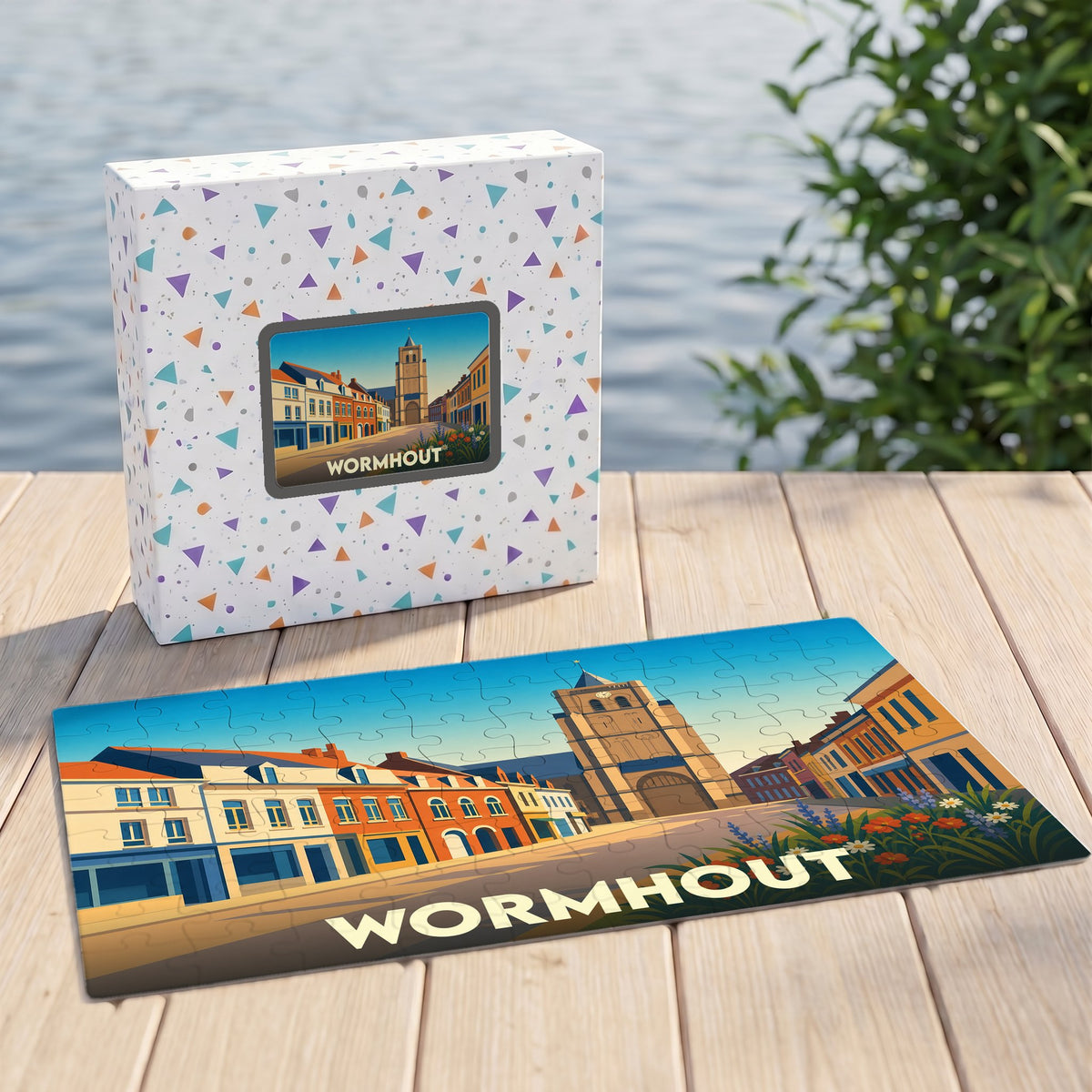 Puzzle souvenir de la ville de Wormhout avec une illustration stylisée de ses façades et de son église.