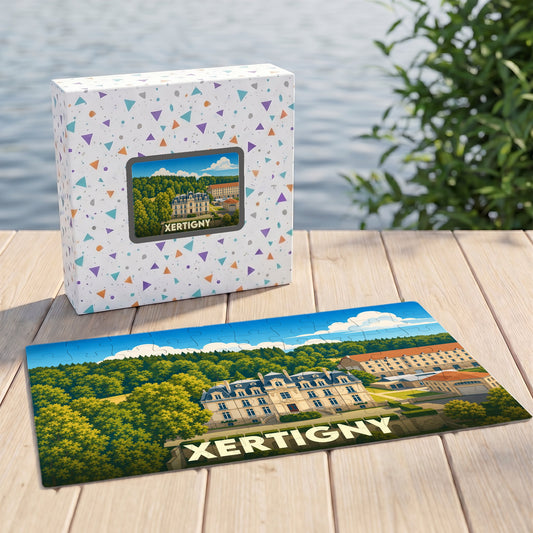 Puzzle souvenir de la ville de Xertigny avec une illustration stylisée d'un château et de sa boîte assortie.