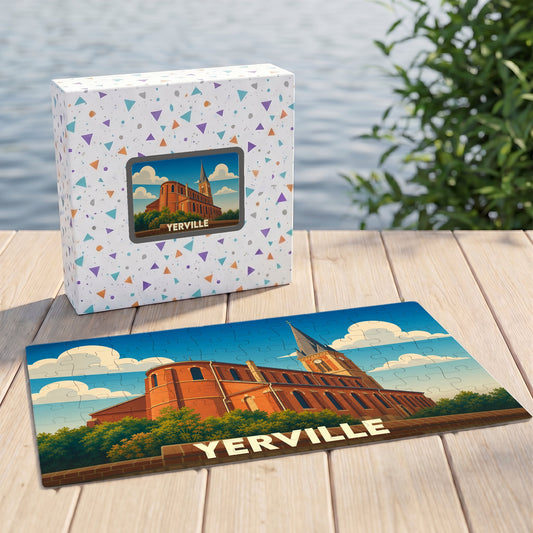 Puzzle souvenir de la ville d'Yerville avec une illustration stylisée de son église.