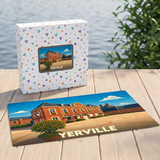 Puzzle souvenir de la ville d'Yerville avec une illustration stylisée d'un bâtiment historique en briques rouges.