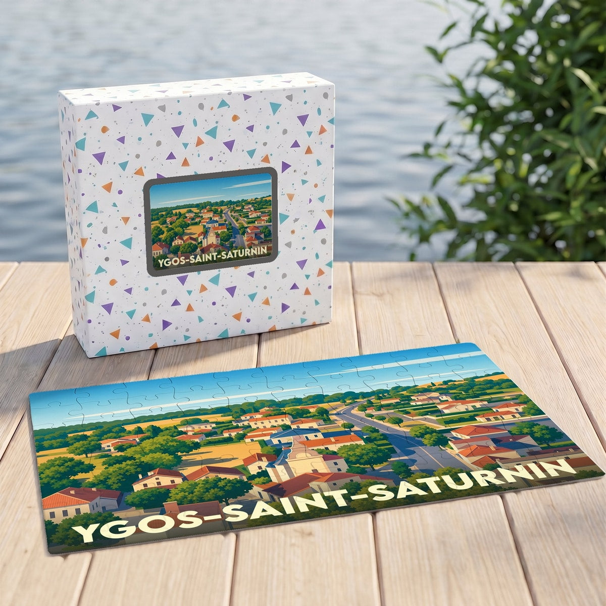 Puzzle souvenir de la ville de Ygos-Saint-Saturnin avec une illustration stylisée.