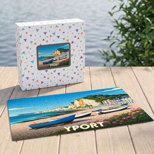 Puzzle souvenir de la ville d'Yport représentant une illustration stylisée de sa plage et de ses falaises.