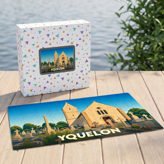 Puzzle souvenir de la ville de Yquelon avec une illustration stylisée d'une église et de son cimetière.