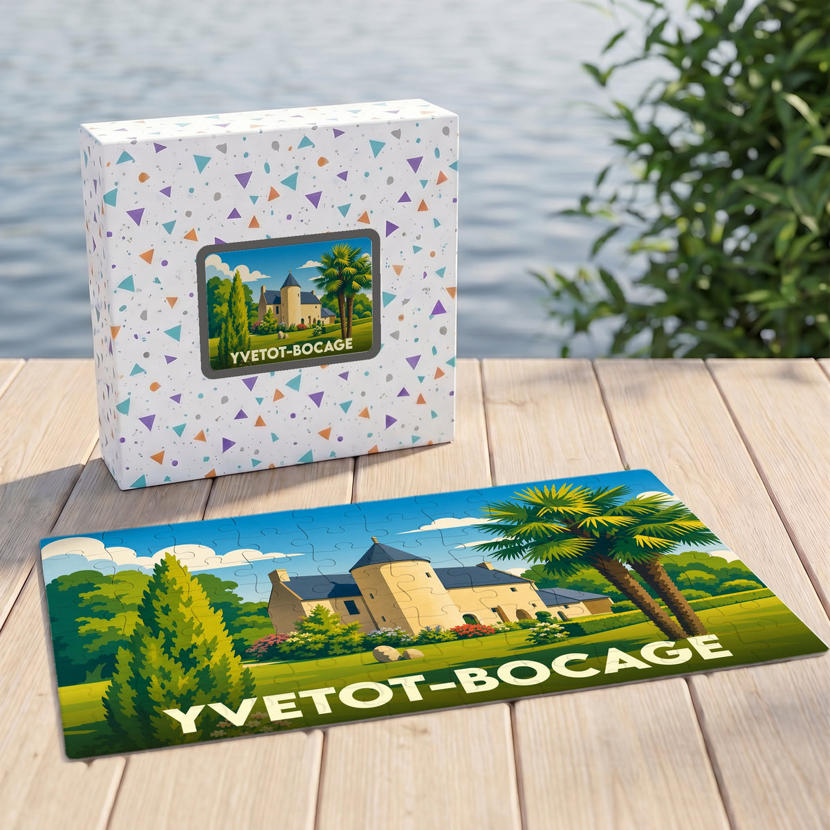 Puzzle souvenir de la ville d'Yvetot-Bocage illustré par un manoir entouré de verdure et de palmiers.