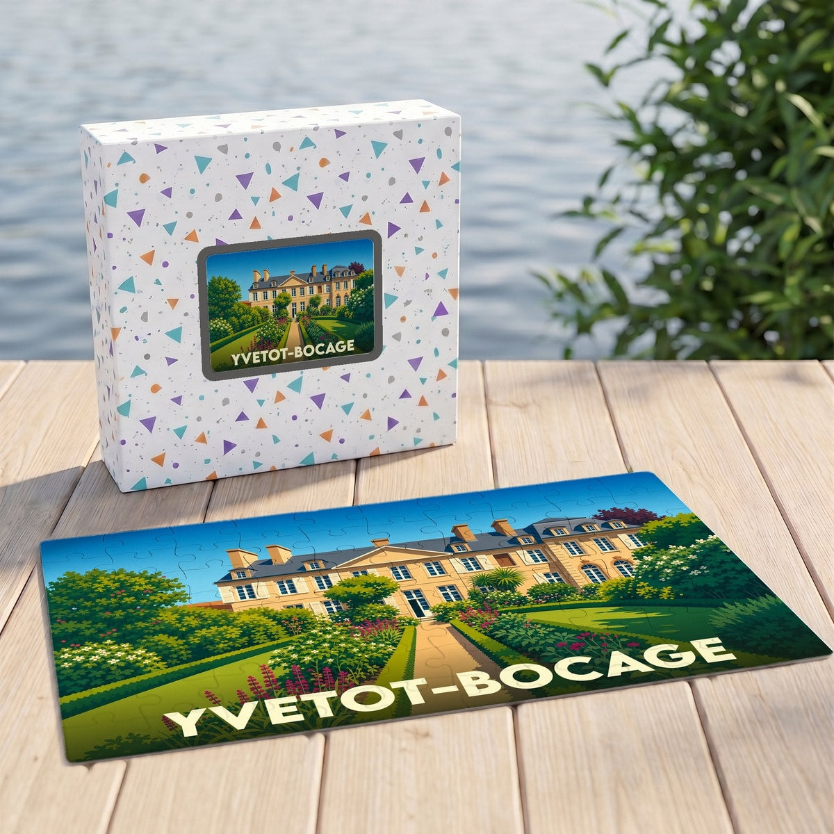 Puzzle souvenir de la ville de Yvetot-Bocage illustré par une vue stylisée de son château et de ses jardins.
