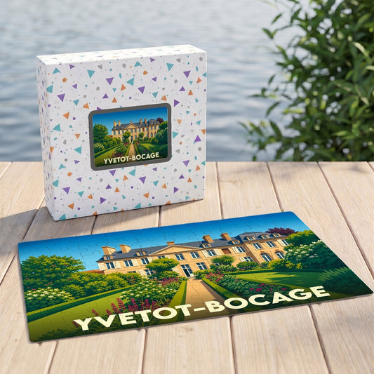 Puzzle souvenir de la ville de Yvetot-Bocage illustré par une vue stylisée de son château et de ses jardins.