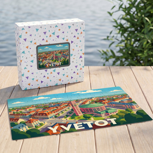 Puzzle souvenir de la ville d'Yvetot présentant une illustration panoramique colorée et stylisée dans sa boîte assortie.