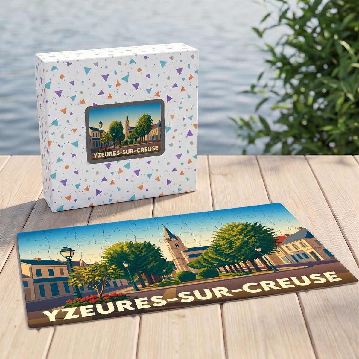 Puzzle souvenir de la ville d'Yzeures-sur-Creuse avec son illustration stylisée et sa boîte assortie.