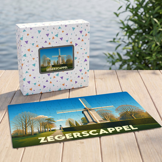 Puzzle souvenir de la ville de Zegerscappel avec une illustration stylisée d'un moulin.