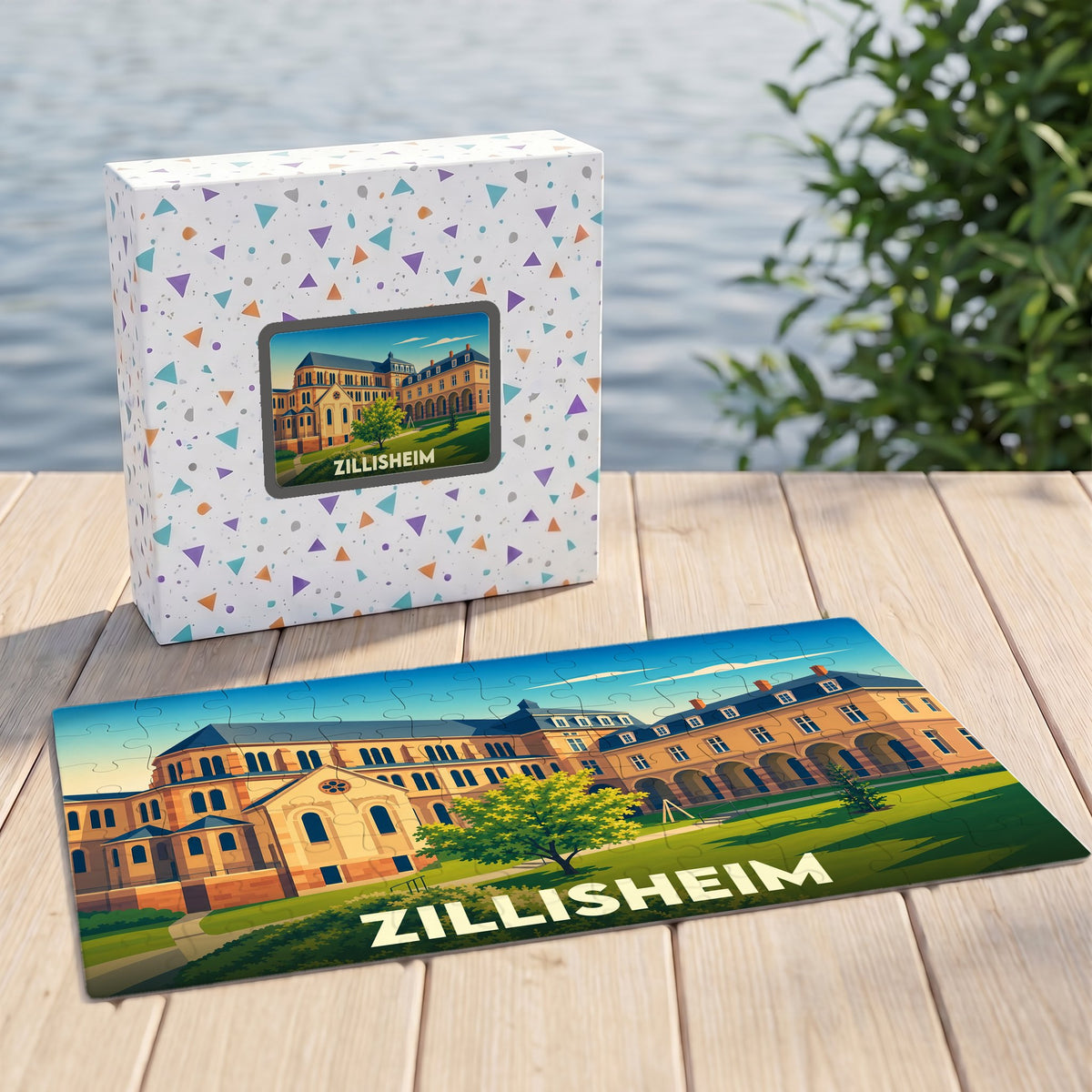 Puzzle souvenir de la ville de Zillisheim avec une illustration stylisée d'un bâtiment historique.
