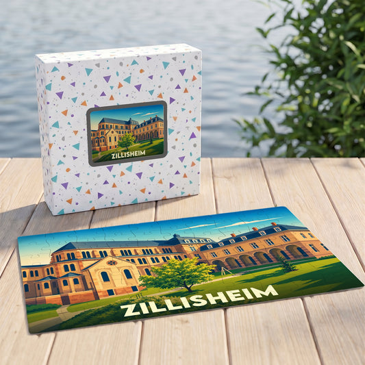 Puzzle souvenir de la ville de Zillisheim avec une illustration stylisée d'un bâtiment historique.