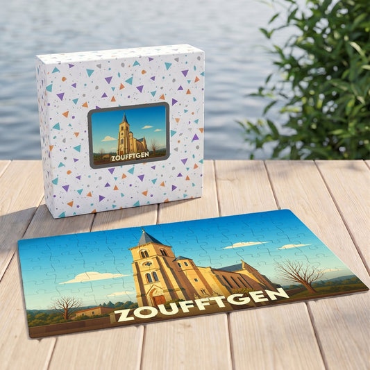 Puzzle souvenir de la ville de Zoufftgen avec une illustration stylisée de son église.