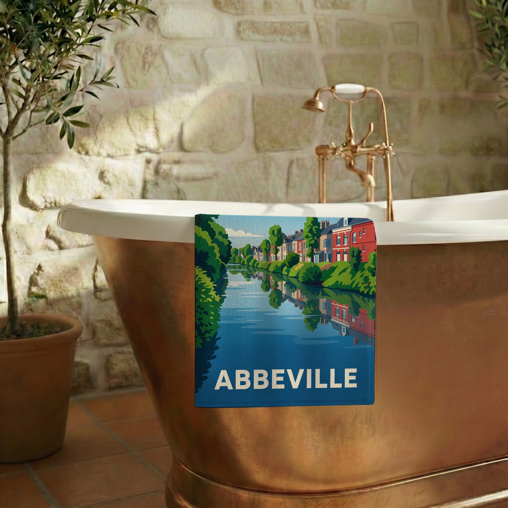 Serviette de bain souvenir de la ville d'Abbeville avec une illustration stylisée d'un canal bordé de maisons.