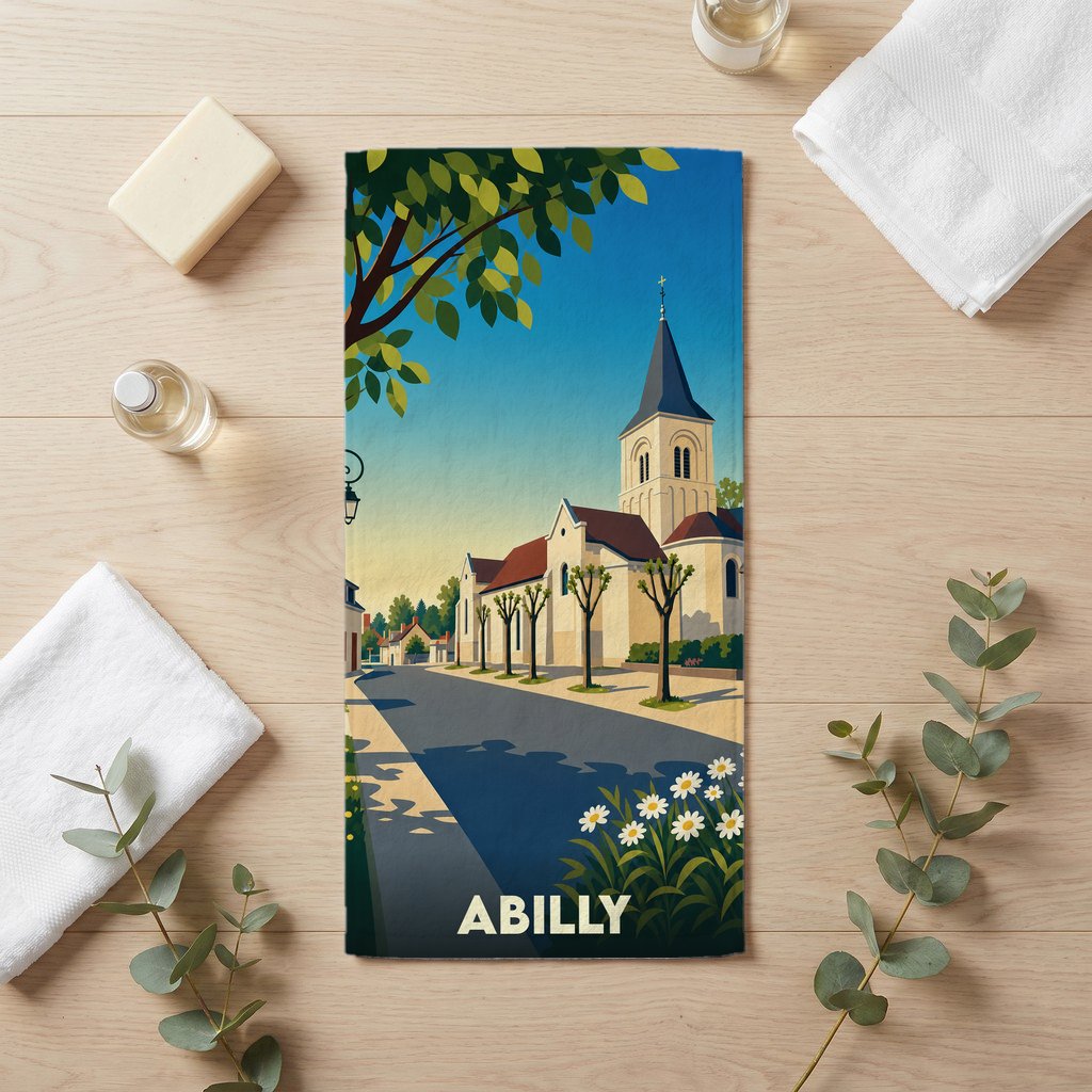 Serviette de bain souvenir de la ville d'Abilly ornée d'une illustration stylisée de son église sous un ciel bleu.