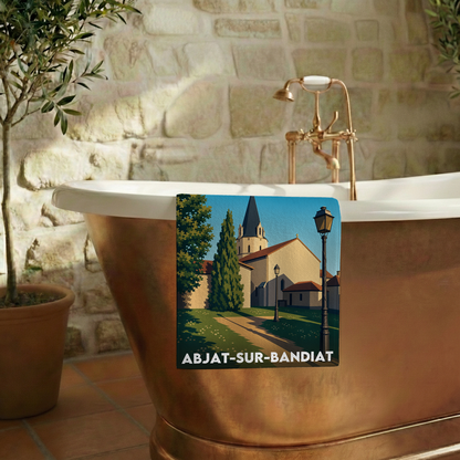 Serviette de bain souvenir de la ville de Abjat-sur-Bandiat avec une illustration stylisée.