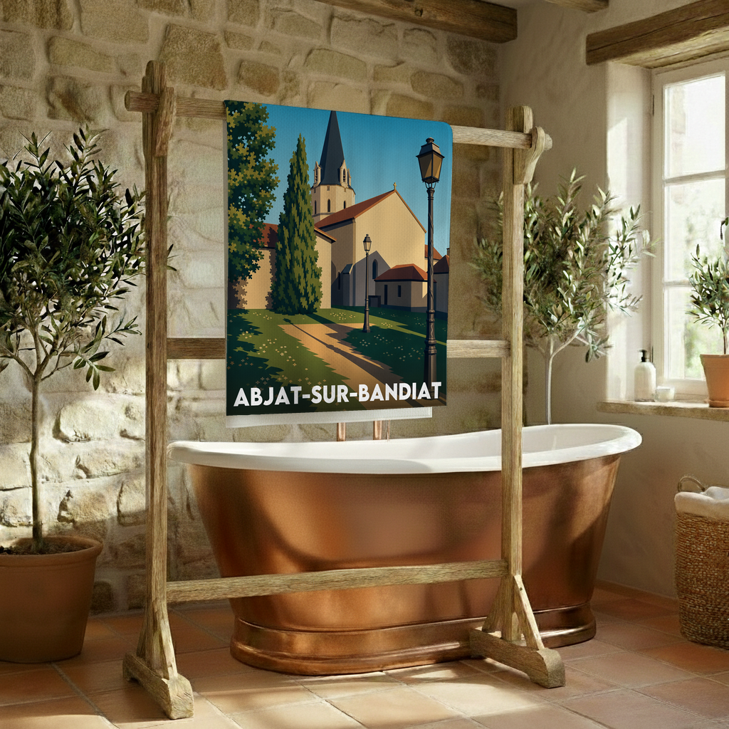 Serviette de bain souvenir de la ville d'Abjat-sur-Bandiat avec une illustration stylisée.