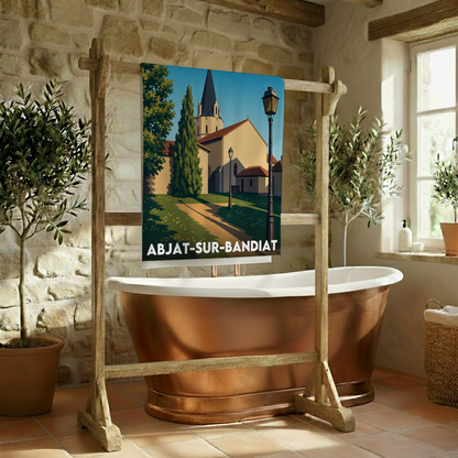 Serviette de bain souvenir de la ville d'Abjat-sur-Bandiat avec une illustration stylisée.