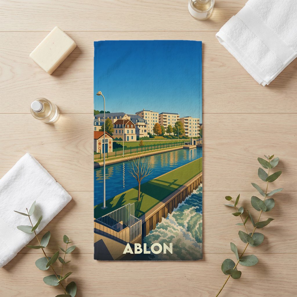 Serviette de bain souvenir de la ville de Ablon avec une illustration stylisée d'un canal et de bâtiments.