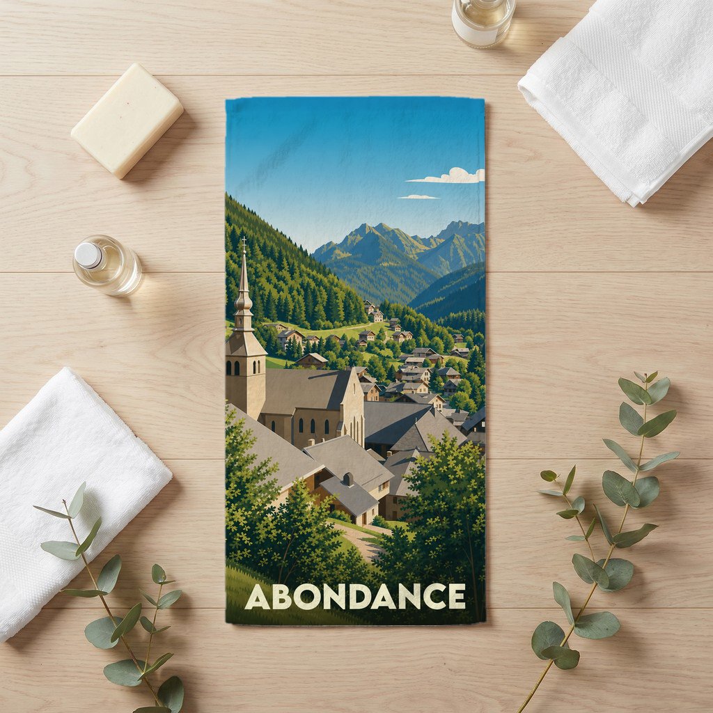 Serviette de bain souvenir de la ville d'Abondance avec une illustration stylisée de son église et des montagnes environnantes.