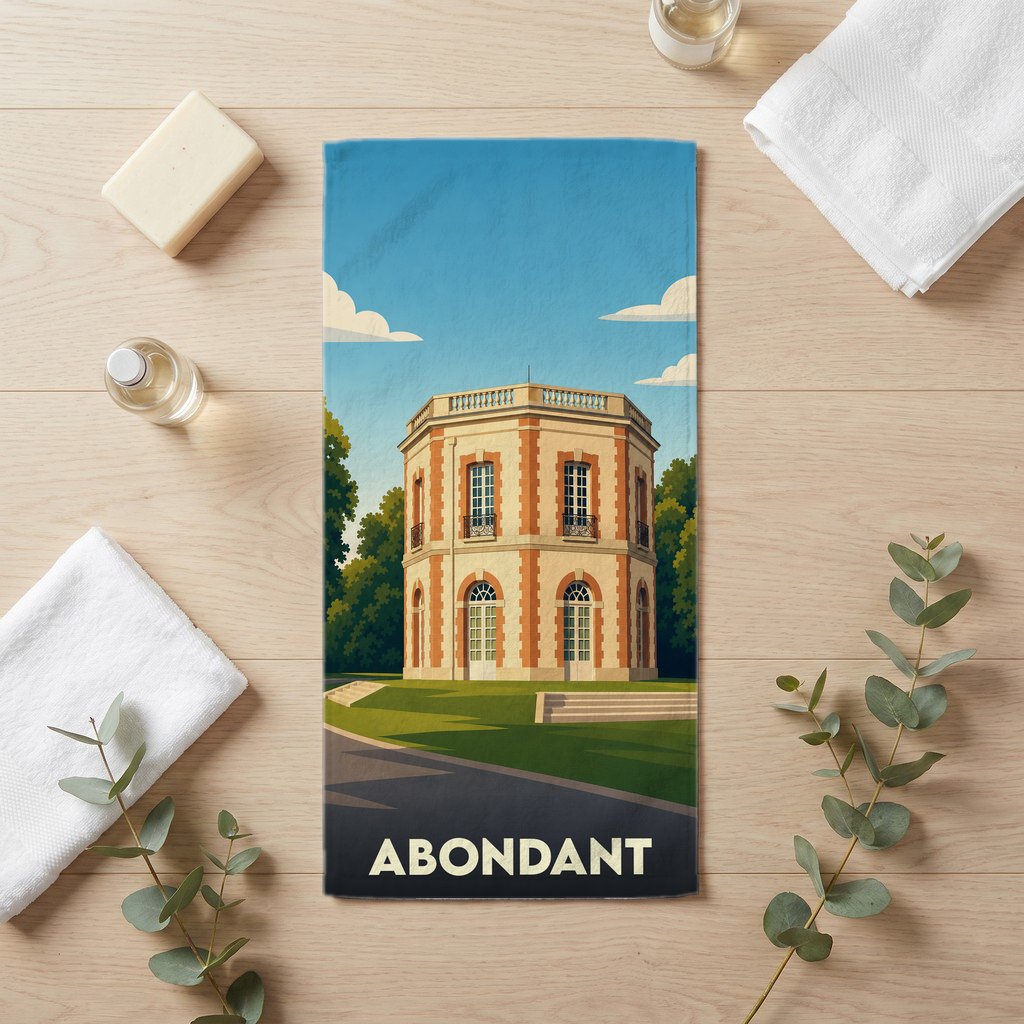 Serviette de bain souvenir de la ville d'Abondant avec une illustration stylisée de son pavillon.