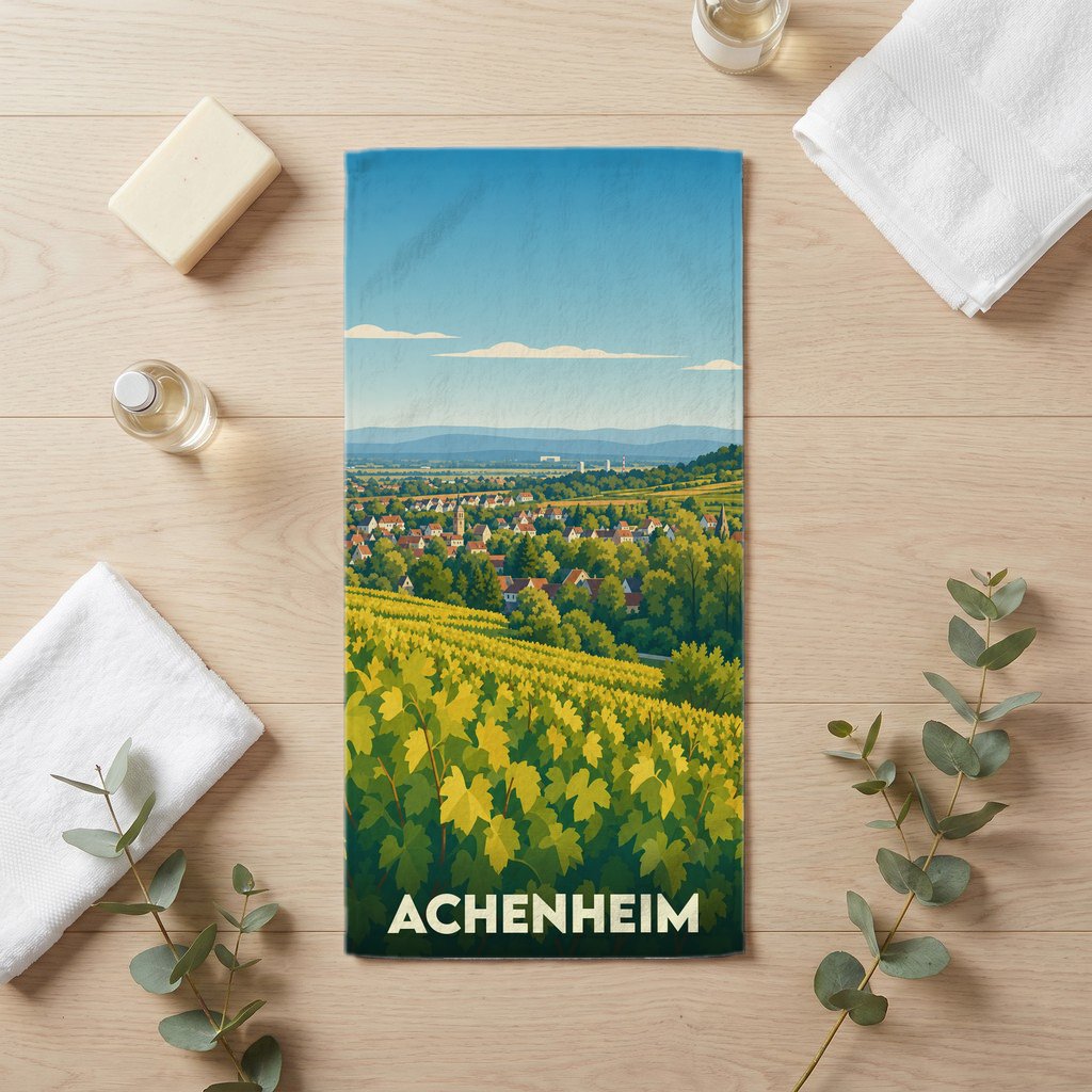 Serviette de bain souvenir de la ville d'Achenheim avec une illustration stylisée de vignobles.