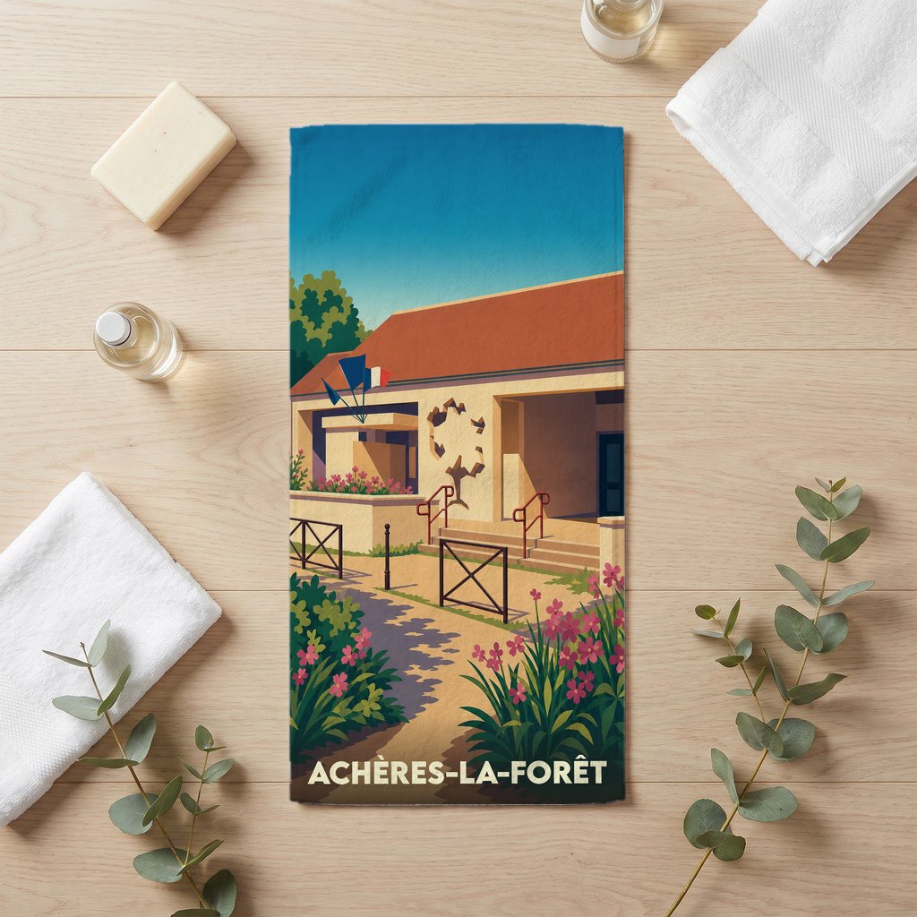 Serviette de bain souvenir de la ville d'Achères-la-Forêt avec une illustration stylisée.