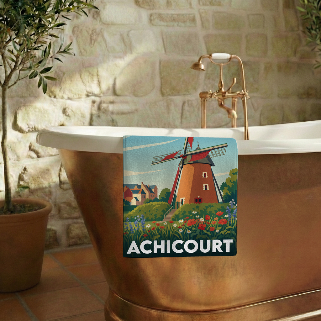 Serviette de bain souvenir de la ville d’Achicourt avec une illustration stylisée de son moulin.