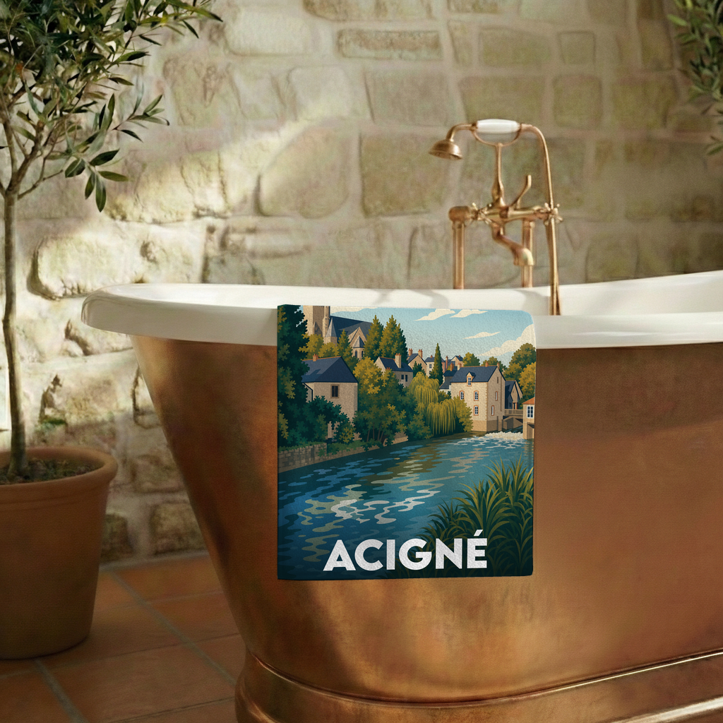 Serviette de bain souvenir de la ville d'Acigné avec une illustration stylisée.