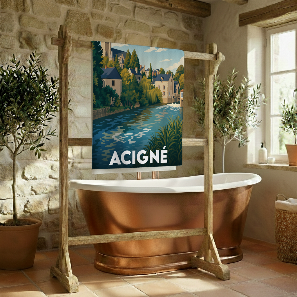 Serviette de bain souvenir de la ville d'Acigné avec une illustration stylisée.