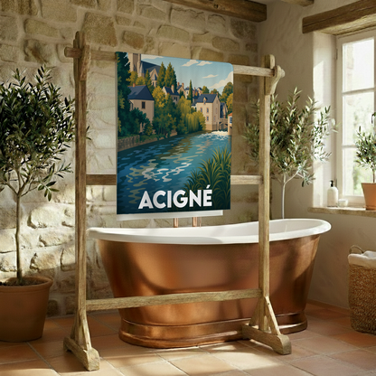 Serviette de bain souvenir de la ville d'Acigné avec une illustration stylisée.