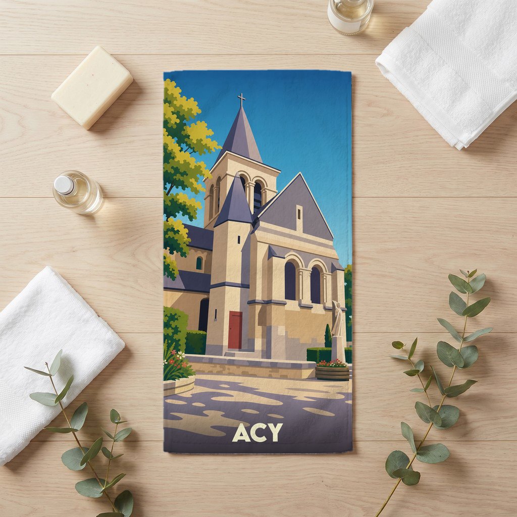 Serviette de bain souvenir de la ville d'Acy avec une illustration stylisée de son église.