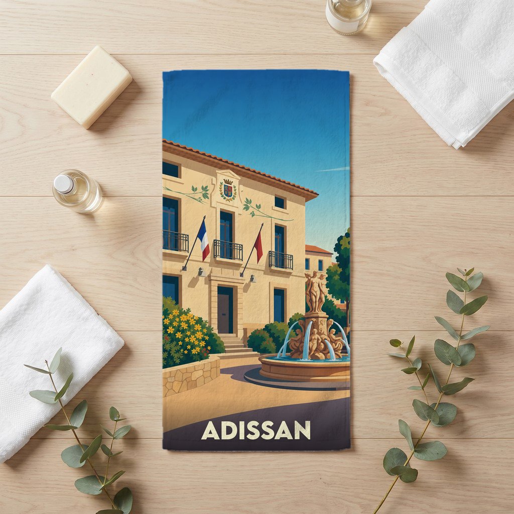 Serviette de bain souvenir de la ville de Adissan avec une illustration stylisée d'une place provençale.