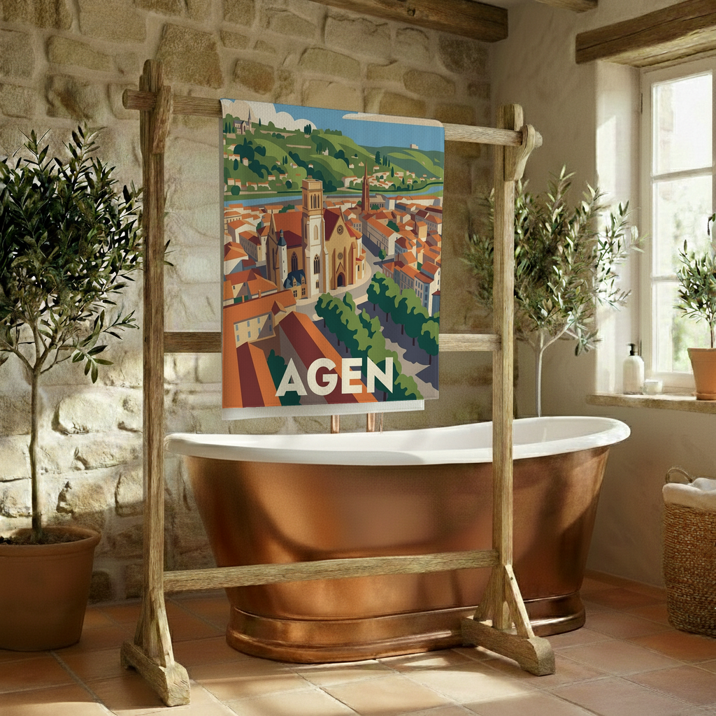 Serviette de bain souvenir de la ville d'Agen avec une illustration stylisée de son paysage urbain.