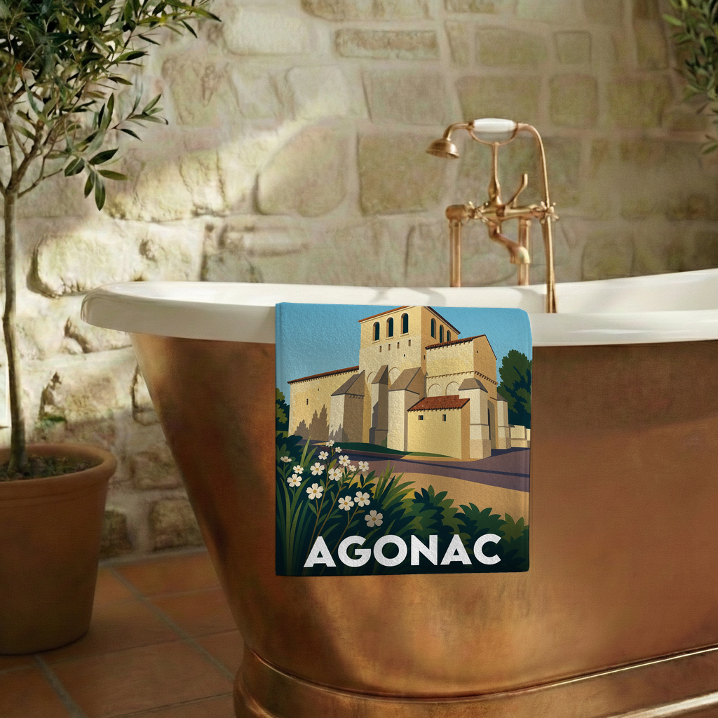 Serviette de bain souvenir de la ville de Agonac avec une illustration stylisée.