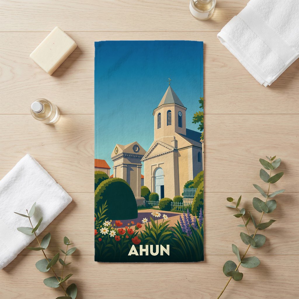 Serviette de bain souvenir de la ville de Ahun avec une illustration stylisée de son église.