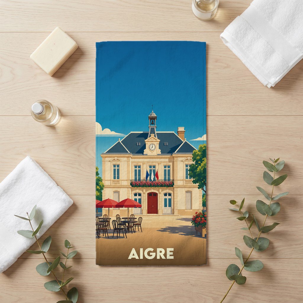 Serviette de bain souvenir de la ville d'Aigre avec une illustration stylisée de son hôtel de ville.