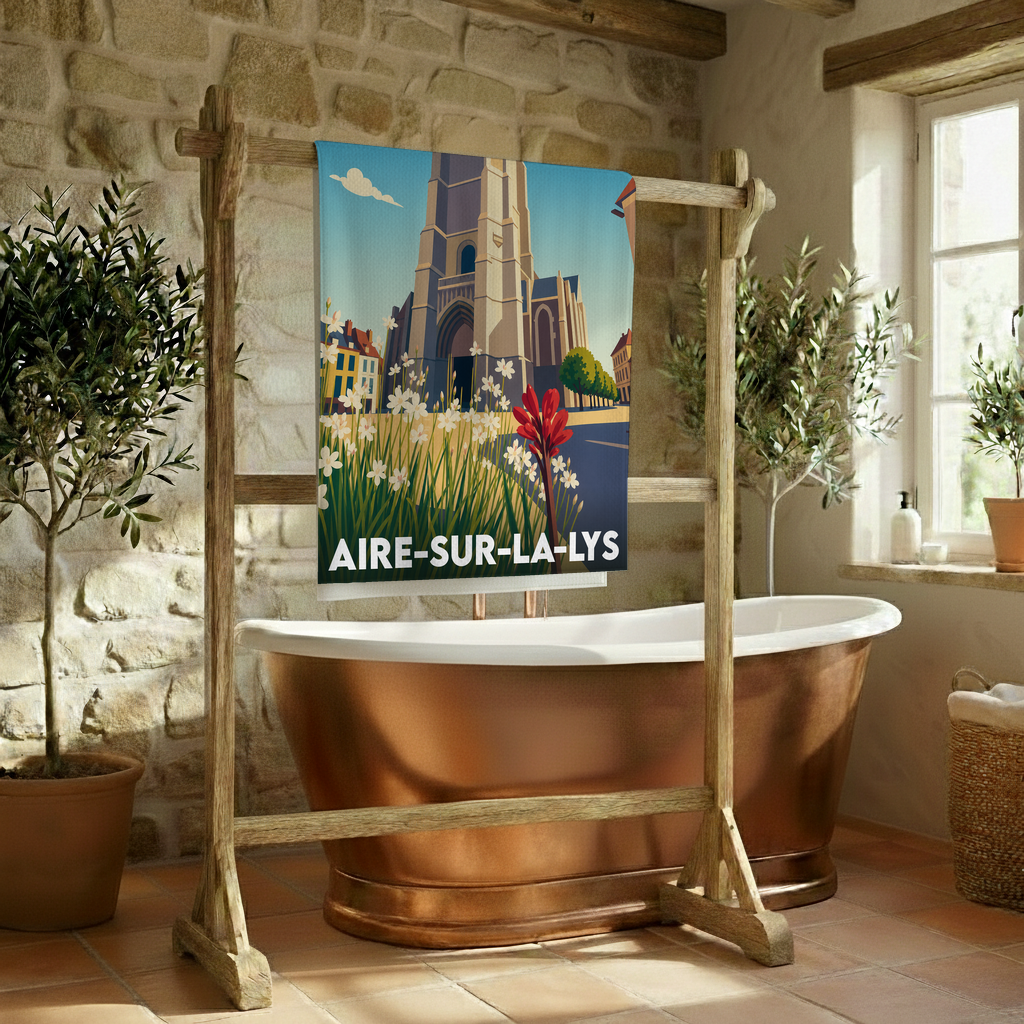 Serviette de bain souvenir de la ville d'Aire-sur-la-Lys avec une illustration stylisée de son église et de fleurs.